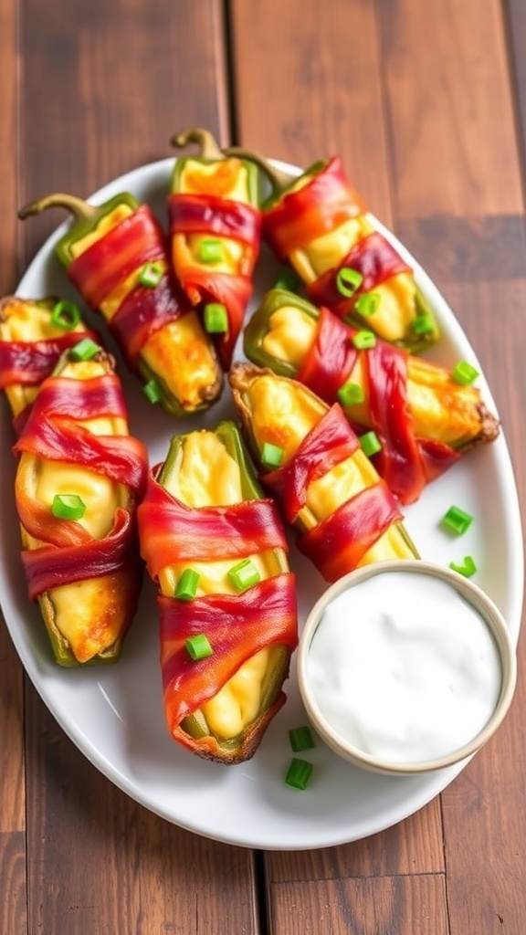 Crispy Air Fryer Jalapeño Poppers with Bacon Crispy jalapeño poppers stuffed with cheese and wrapped in bacon, served with ranch dressing on a rustic table.